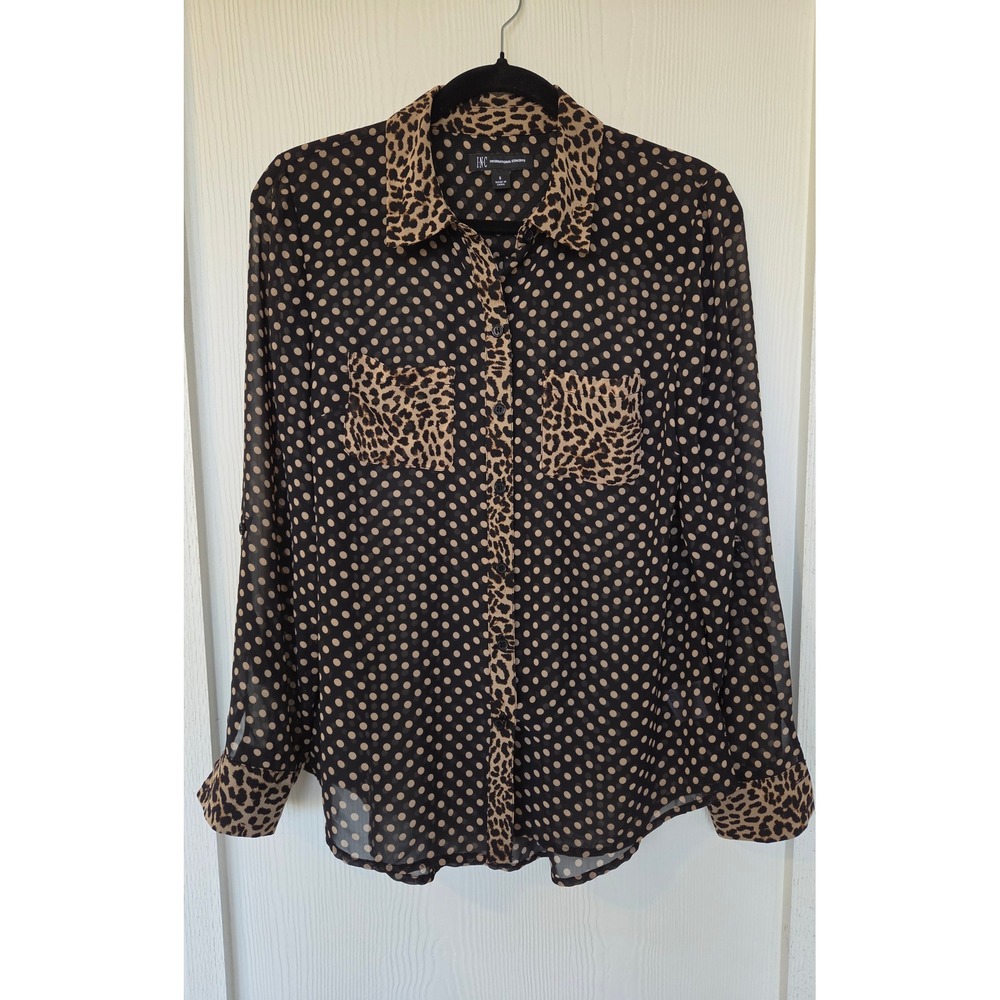 Sheer Polka Dot Leopard Print Button Down Shirt Size S Maximalist Statement